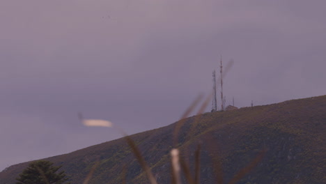 A-radio-tower-on-a-hillside-with-a-cloudy-sky-and-plant-leaves-in-the-foreground