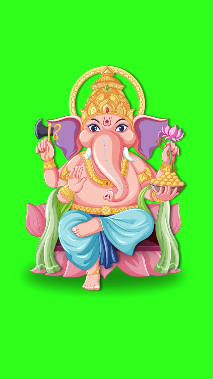 Una divinità elefante rosa animata siede su un trono di loto su uno sfondo a schermo verde.