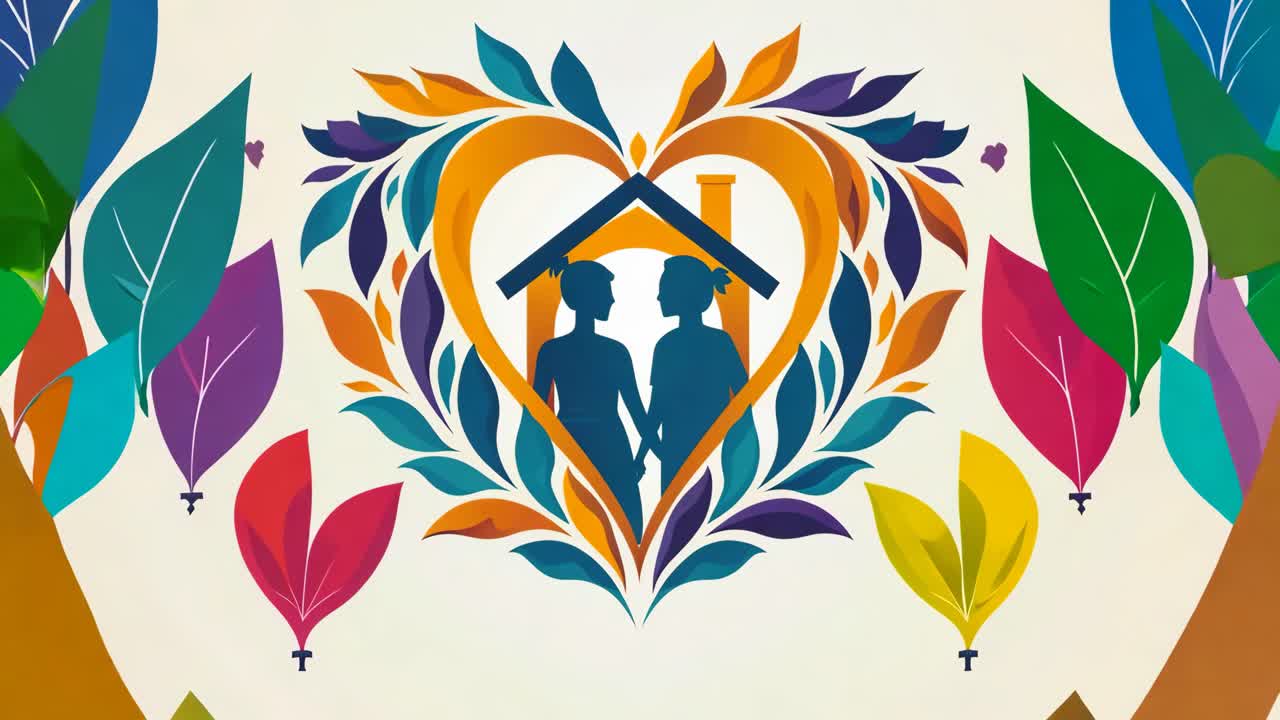 A heart with a house inside of it. The house is surrounded by leaves. The image is of a couple holding hands