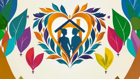 a heart with a house inside of it. the house is surrounded by leaves. the image is of a couple holding hands