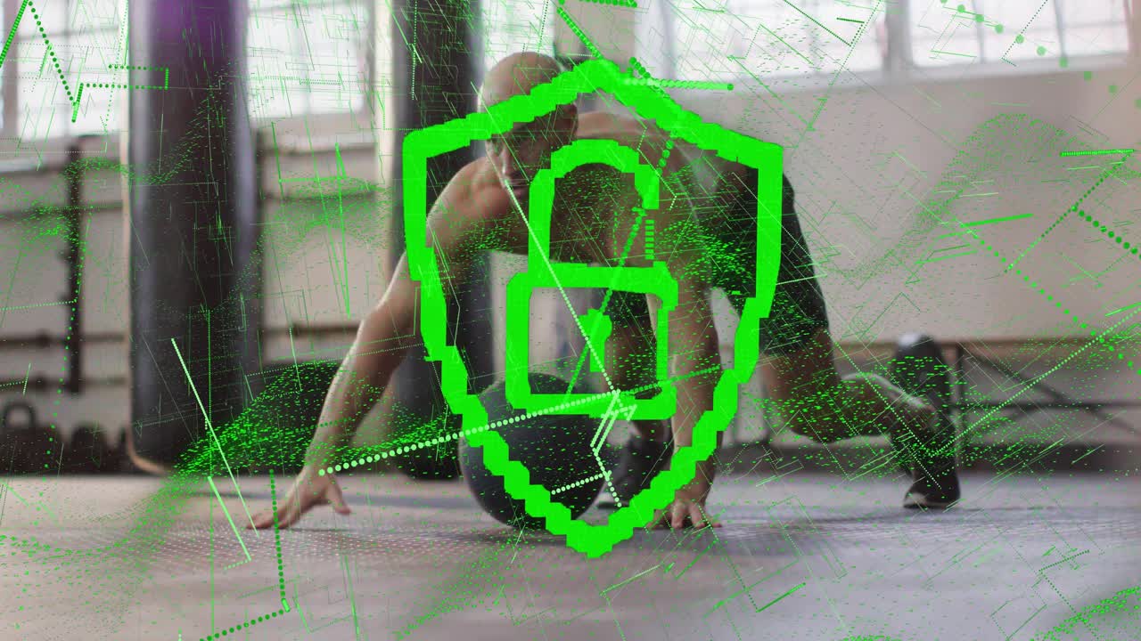 Atleta che esegue push-up con palla medica, innescato dalla sovrapposizione di un conto alla rovescia verde per una forza bilanciata