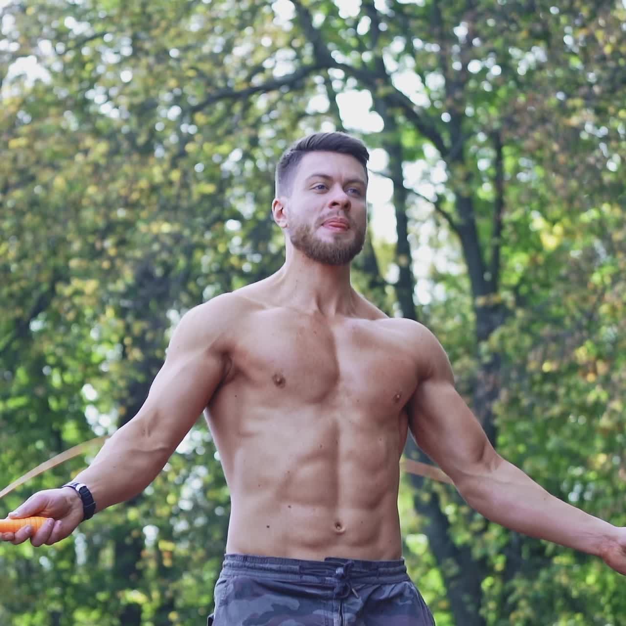 Young man jumping rope outdoor