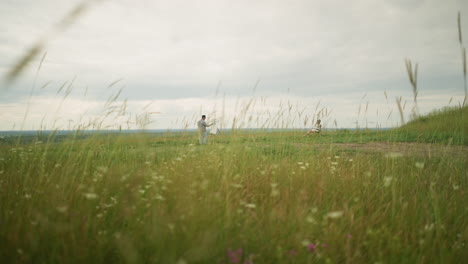 a painter wearing a hat and checkered shirt is depicted working on an easel in a serene meadow filled with tall grass, under an overcast sky, while a woman peacefully relaxes on a chair