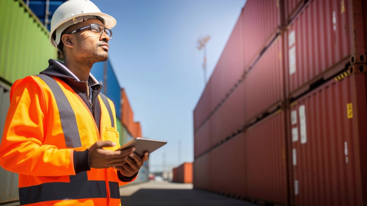 Worker in Hard Hat Checks Inventory with Tablet at Shipping Port