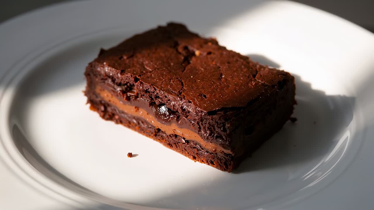 Registrazione con camera di un brownie su un piatto in ceramica bianca sul tavolo, con la luce che cambia ed evidenzia il caramello