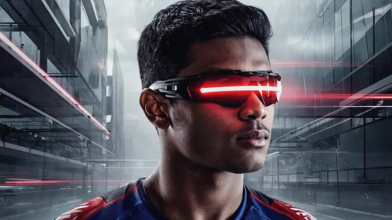 Man wearing futuristic sunglasses with red lasers