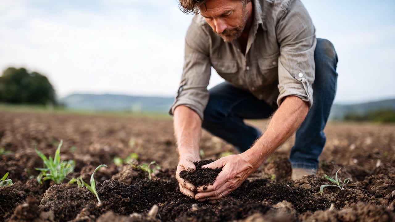 A Farmer's Careful Hands Tending to Young Plants in Rich Soil Under a Clear Sky, Emphasizing the Connection Between Nature and Agriculture
