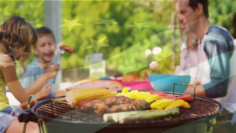 animation of flag of usa over caucasian family eating dinner outdoors