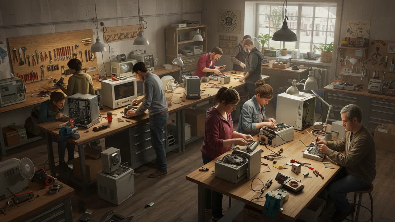 A Collaborative Workshop Scene Showcasing Skilled Individuals Engaged in Electronic Repair and Maintenance Activities at a Well-Equipped Workspace