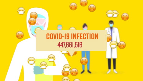Animation-Einer-Sprechblase-Mit-Steigender-Zahl-Der-Covid-19-Infektionen-über-Wissenschaftlern,-Die-Coronavirus-Tragen