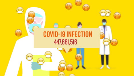 animation of speech bubble with covid-19 infection number rising over scientist wearing coronavirus