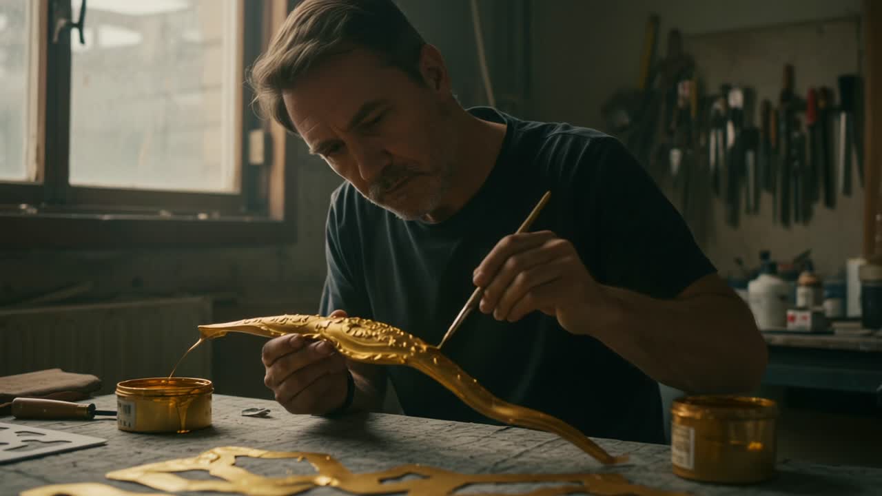An Artisan's Touch: Capturing the Craft of Gold Leaf Application in Intricate Detail as a Skilled Craftsman Beautifies a Decorative Element