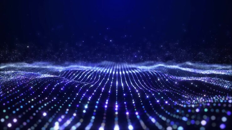 Onda digitale astratta di particelle blu luminose