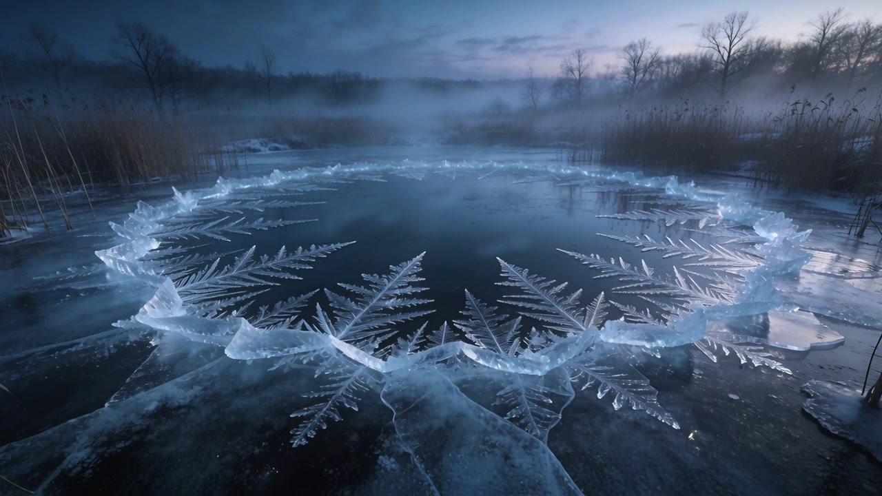 Moving camera revealing circular open-water hole at twilight, showing fractured ice, reeds, fog