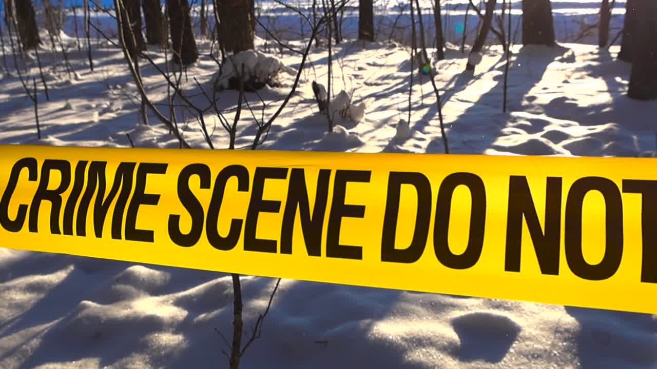 Cinematic glide reveals crime scene tape backlit by winter light as it cuts across a quiet forest, with sparkling snow, long shadows, and a cold investigative atmosphere