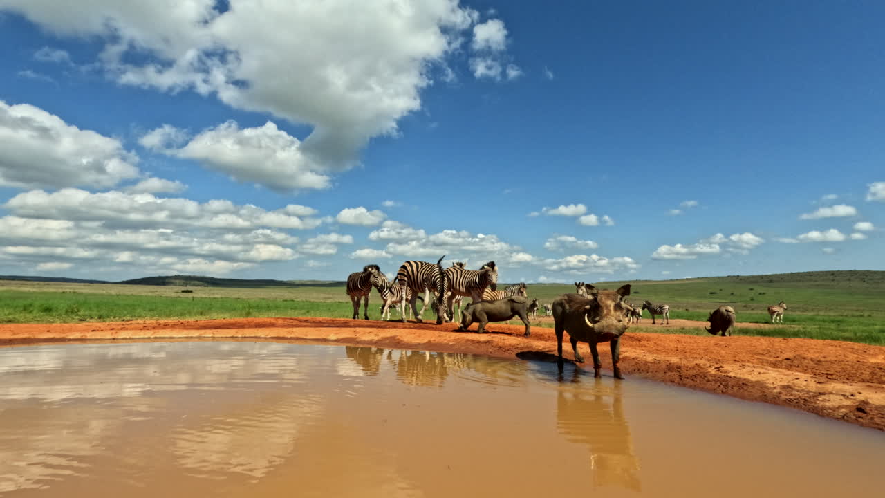 Warthog drinks water from waterhole near zebras on stunning sunny day in Africa
