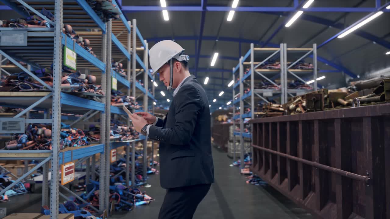 Vista laterale di un uomo d'affari asiatico che usa un tablet mentre cammina in un magazzino industriale di rottami metallici e riciclaggio