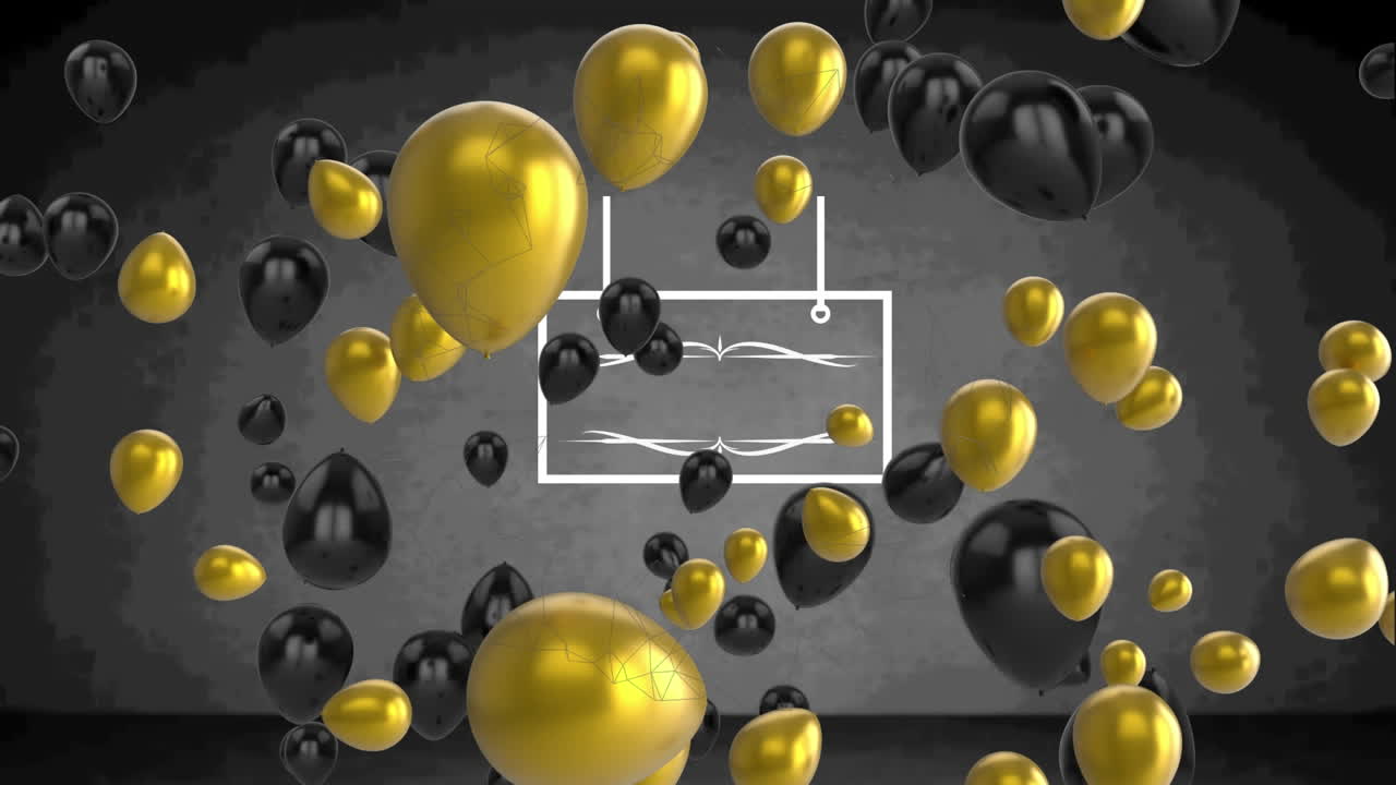 animación de globos dorados y negros volando sobre el marco con espacio de copia en fondo gris