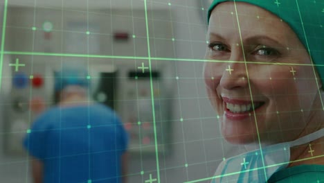 Animation-of-data-processing-over-smiling-caucasian-female-surgeon