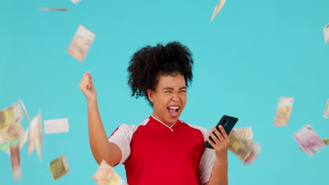 Money-rain,-cellphone-and-woman-excited