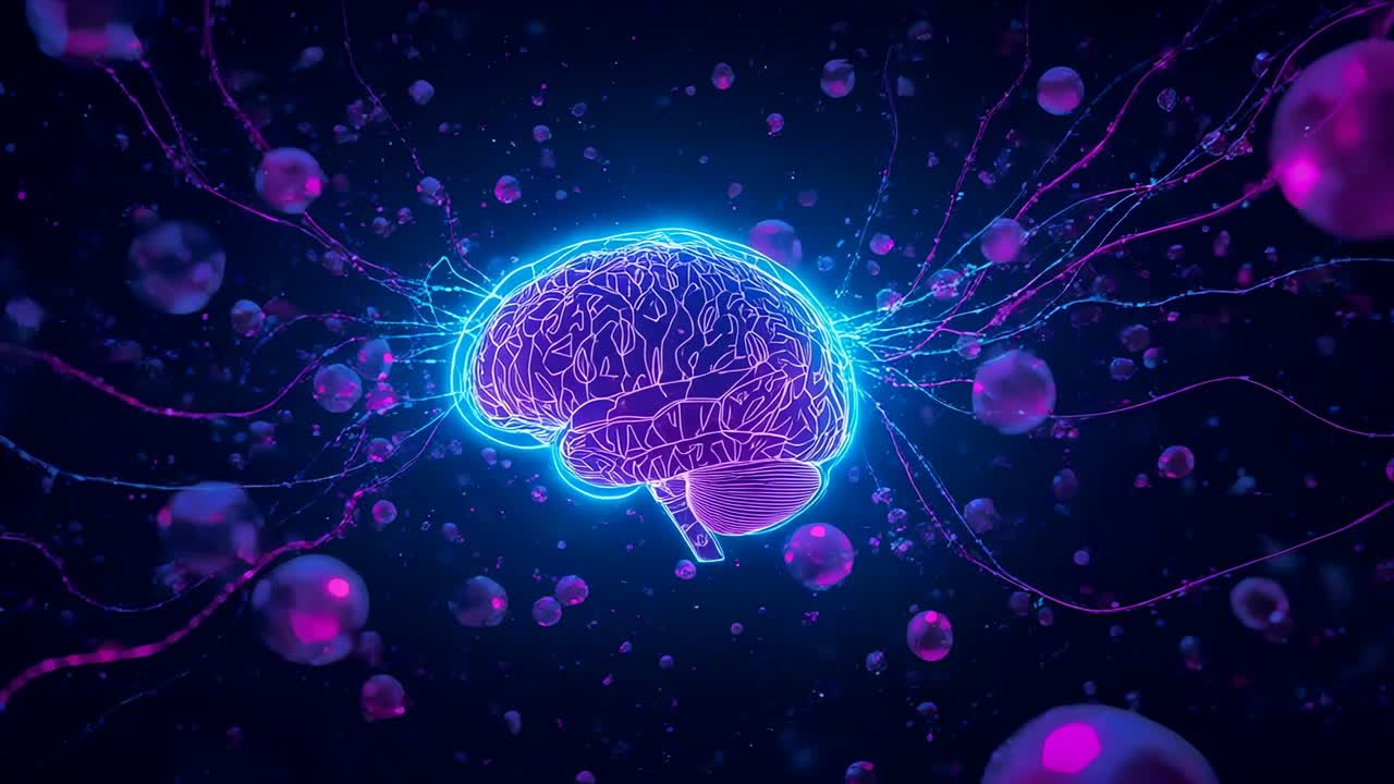Pulsing neon brain extending filaments in neural field as magenta orb moving in, forming connection