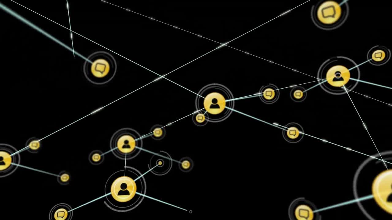 Animation of network of digital icons against black background