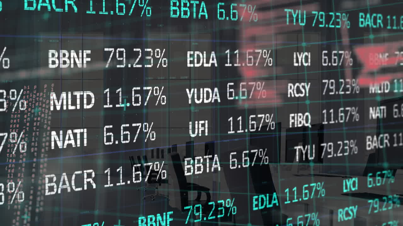 Animazione di elaborazione dati e borsa valori su un ufficio