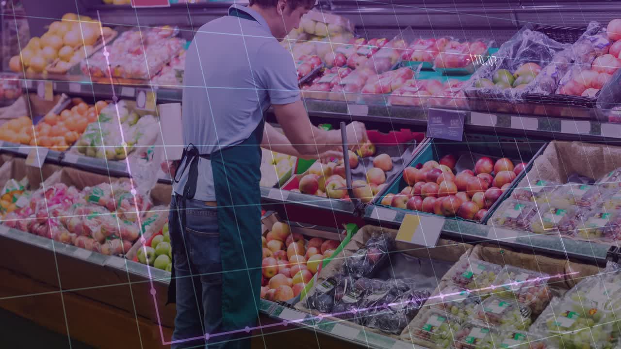 Produce clerk starting reaching into bin, restocking fruit, smoothing in grocery with grid overlay