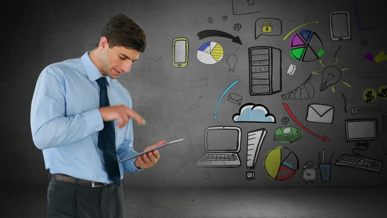 animación de un hombre de negocios caucásico usando una tableta sobre iconos comerciales