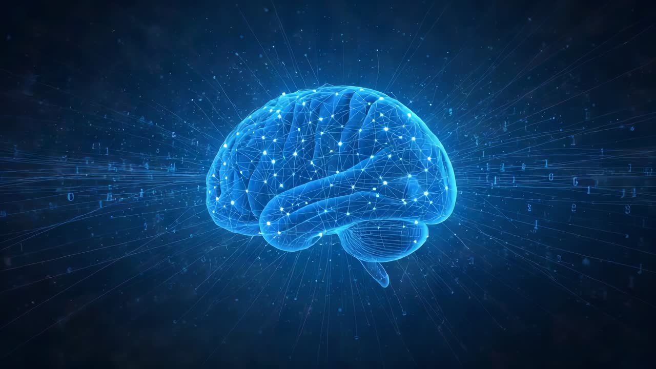 Rotating glowing brain in cyberspace since sequence start, pulsing nodes and revealing hemispheres