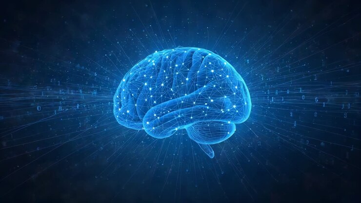 Rotating glowing brain in cyberspace since sequence start, pulsing nodes and revealing hemispheres