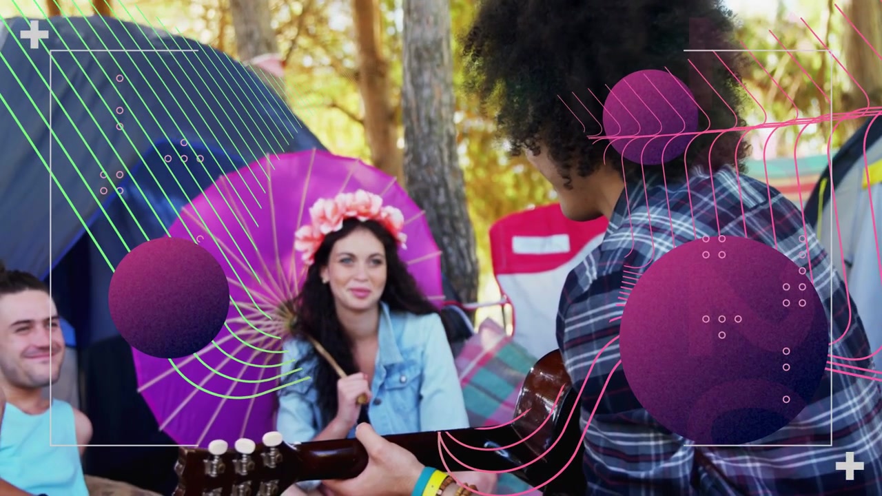 Guitarist strumming music at campsite causing purple spheres around pink parasol for friends' fun