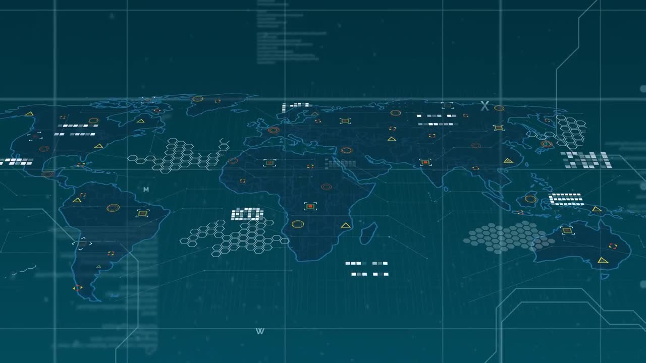 Animation of data processing and world map over blue background