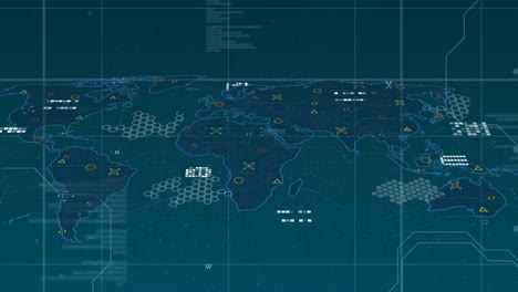 animación del procesamiento de datos y el mapa del mundo sobre fondo azul