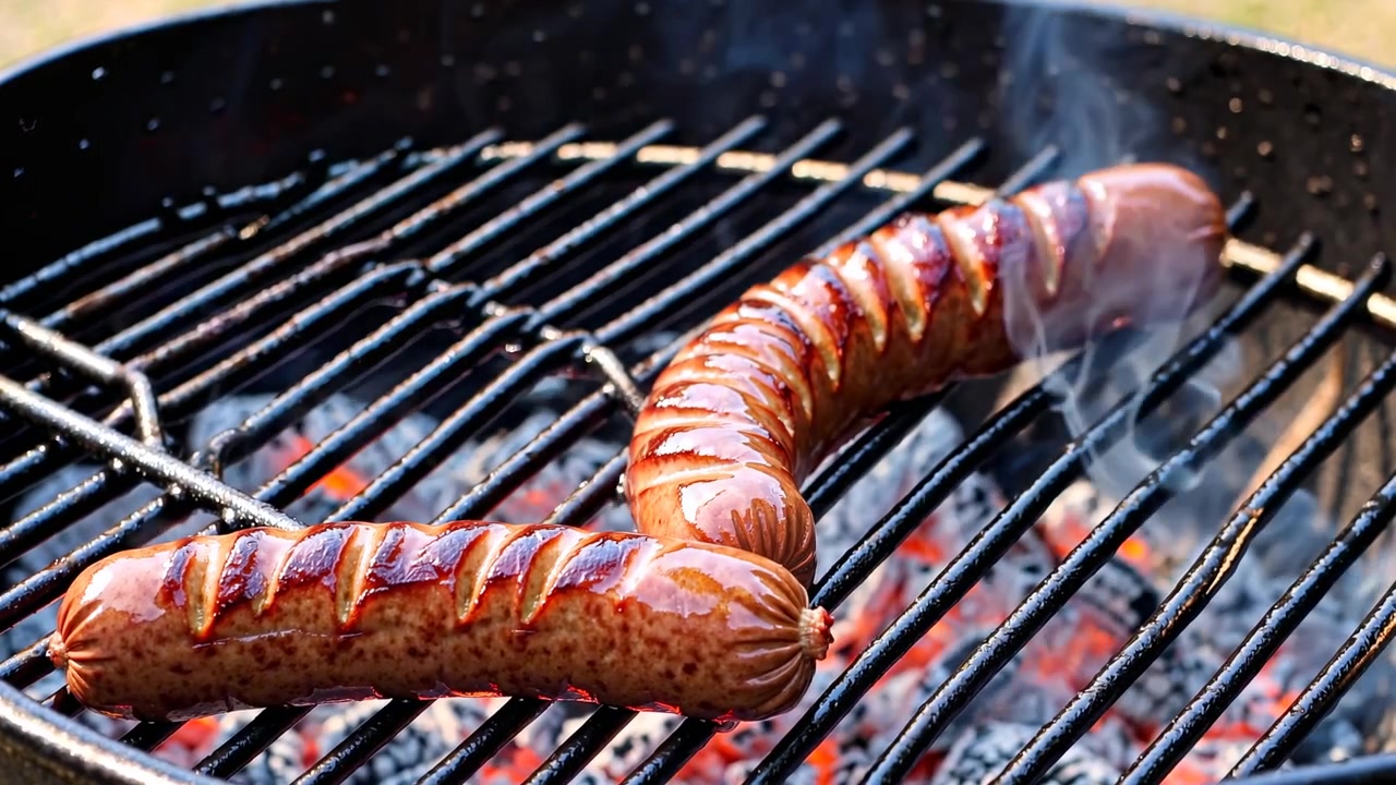Salsicce deliziose che sfrigolano su una griglia calda da barbecue