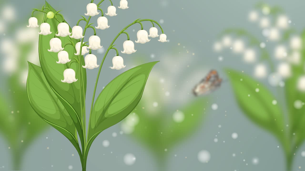 A butterfly flutters gracefully around lily of the valley flowers, set against a soft, dreamy background
