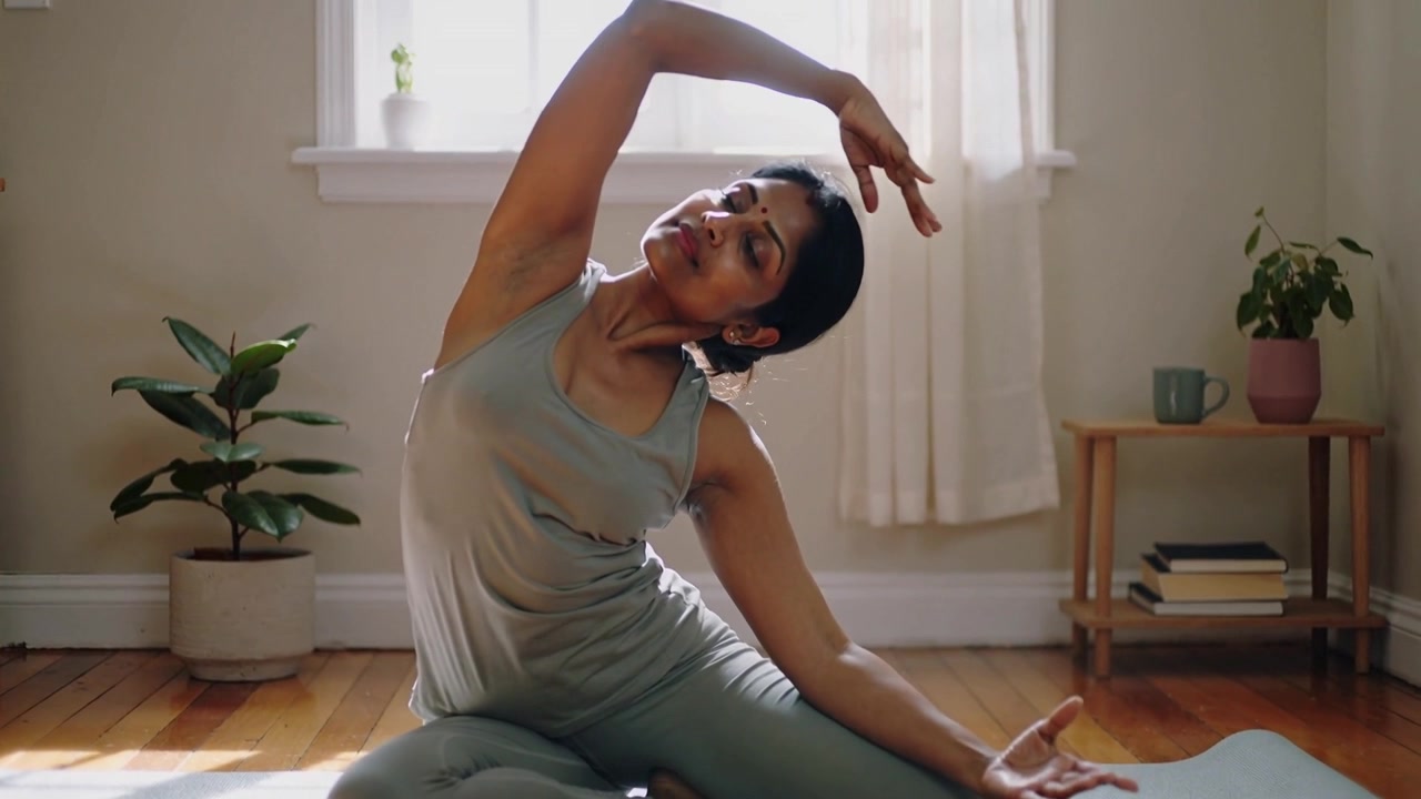 Practicing seated woman in activewear lifting left arm overhead by window on yoga mat for mobility