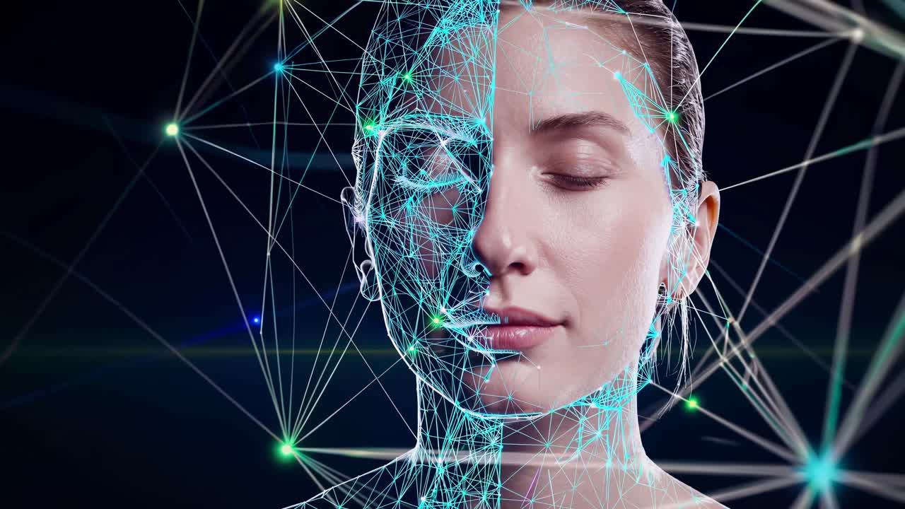 A futuristic video concept showing a woman's face with digital wireframe overlay