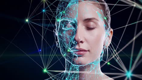 a futuristic video concept showing a woman's face with digital wireframe overlay