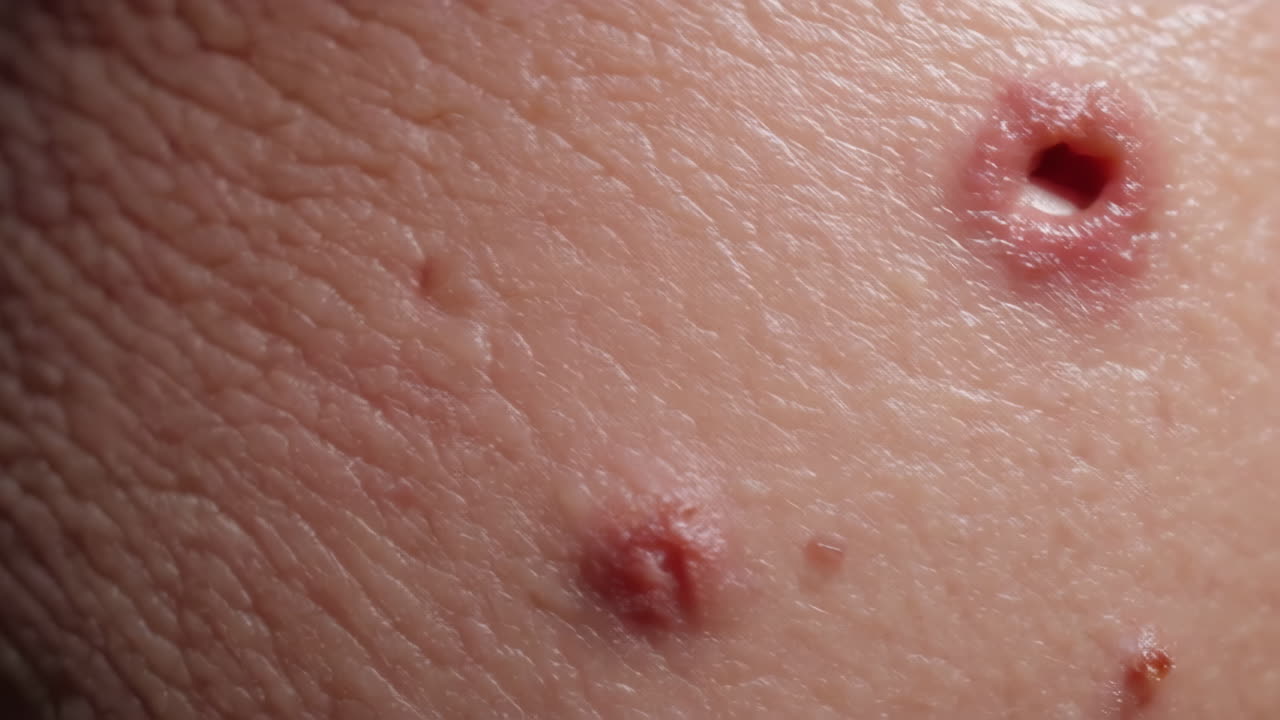Close-up of skin with various lesions and scarring