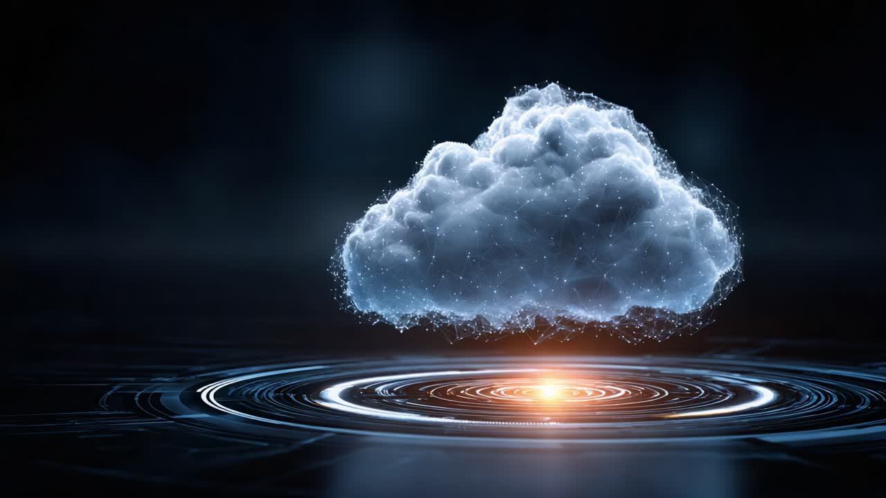 A mesmerizing digital visualization of a floating cloud surrounded by shimmering rings of light, representing technological concepts like connectivity and data flow