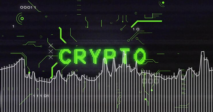 Titolo "CRYPTO" e barre che appaiono in dissolvenza su un HUD fumoso, con circuiti illuminati da picchi di forma d'onda che mostrano l'andamento del mercato.
