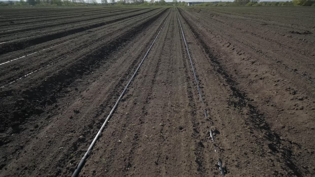sistema de riego en tierras agrícolas. sistema de riego por goteo que ahorra agua que se utiliza en un campo.