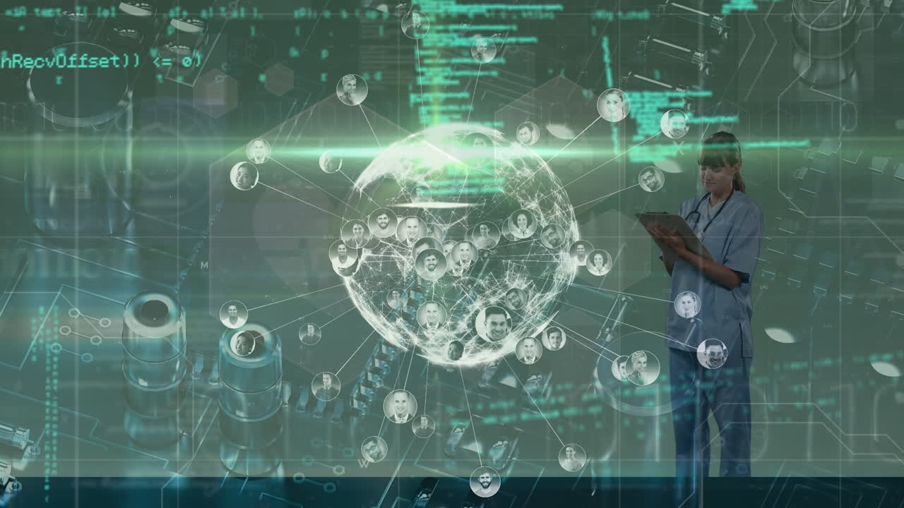 animación del procesamiento de datos y el mundo sobre la mujer caucásica médico