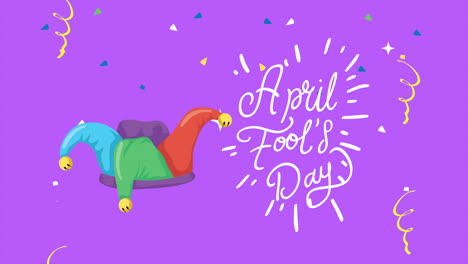 happy fools day card with joker hat and lettering