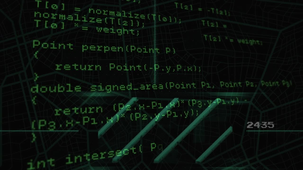 Dark green grid fading initiating code clustering center, bars sliding diagonally showing data flow
