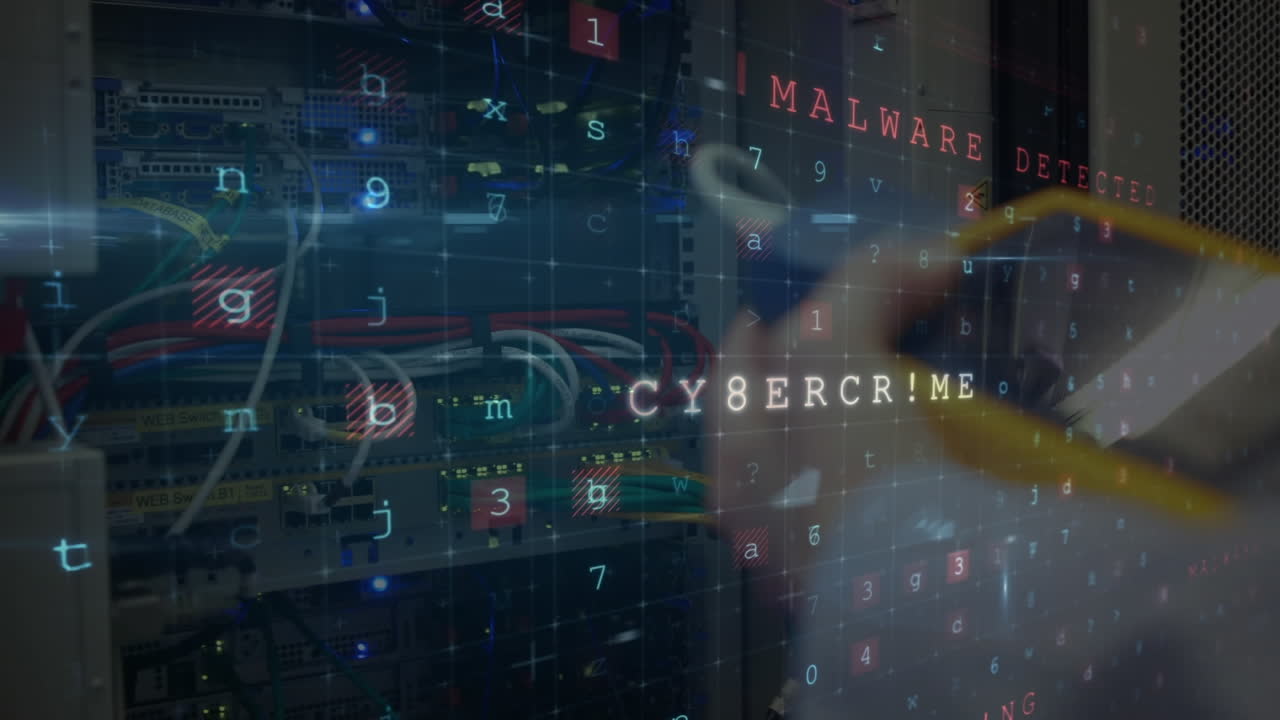 Animation of cyber attack text and data processing over man using detector by computer servers