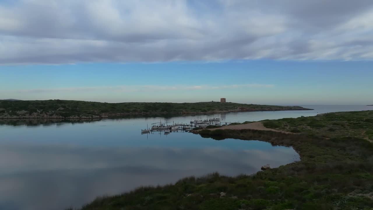 Sanisera Natural Port marina Menorca island Spain Mediterranean Sea coastline aerial drone