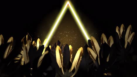 animation of gold tropical leaves with yellow neon triangle on brown background