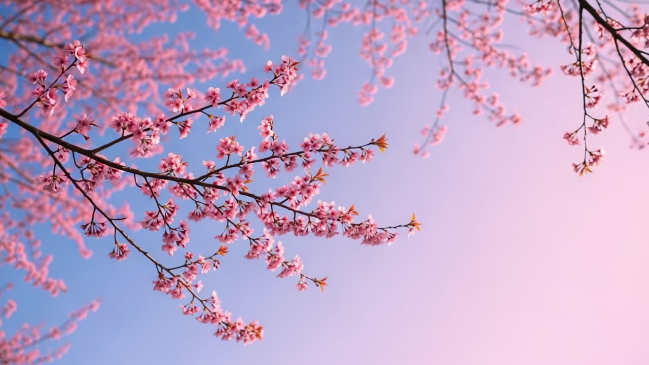 Breathtaking Cherry Blossom Branches Against a Vibrant Sky, Capturing the Essence of Spring with Their Delicate Pink Flowers and Serene Background